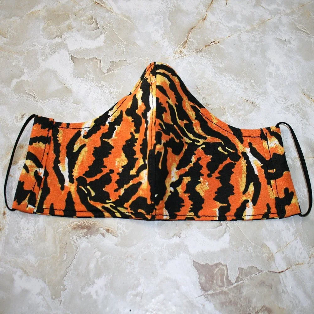 HAND CRAFTED Face Mask Tiger Animal Adult Cloth Fabric Print - Shield Style